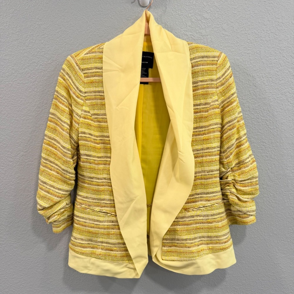 Doncaster Collection Womens 4 Yellow Tweed Blazer Silk Trim Ruched Sleeve